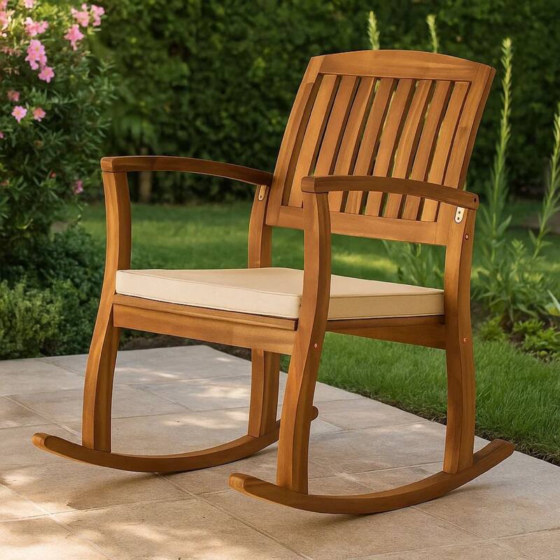 Bang Outdoor Rocking Chair w Cushion, Slatted Back, Brown Acacia Wood