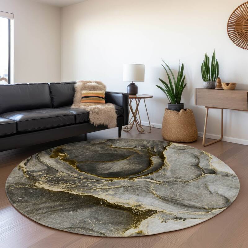 Premium Washable Super Contemporary Abstract Soft Mayfield Rug - Gold - 8' x 8' - Round