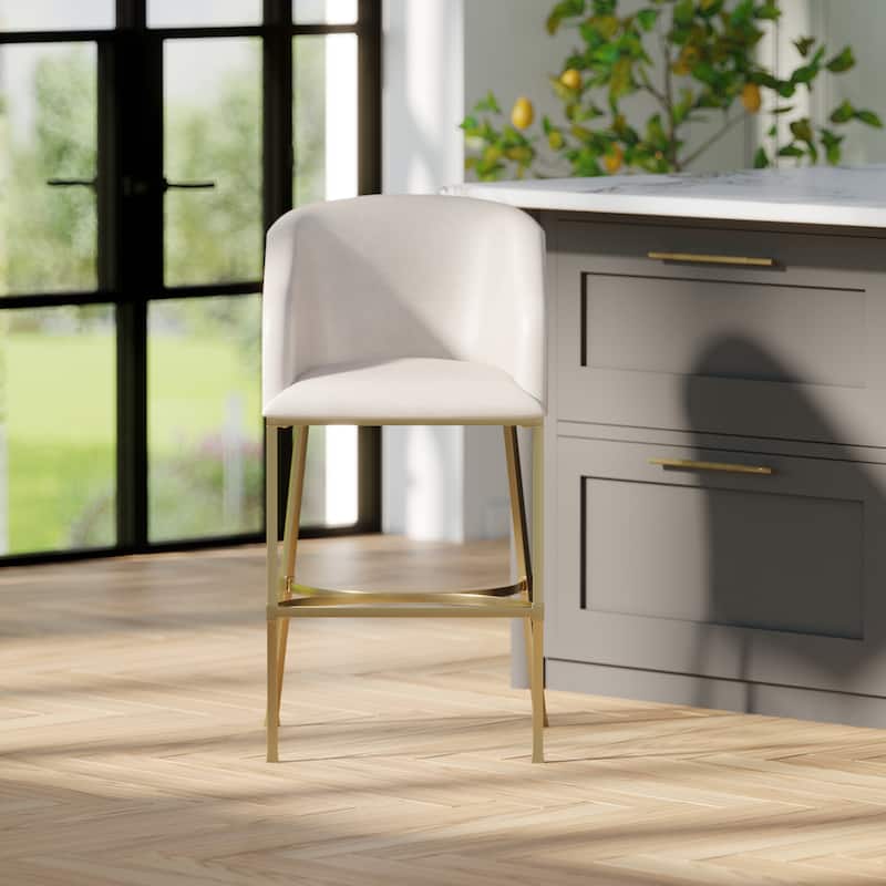 Hampton Modern Bar Stool, Faux Leather and Gold Finish Metal Frame - White - Bar Height