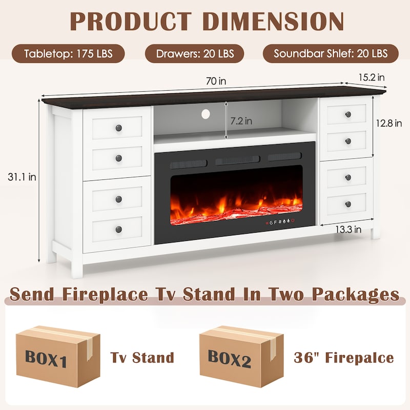 70" Modern Fireplace TV Stand for 80" TVs, Solid Wood Media Console with 36" Electric Fireplace & Storage Drawers