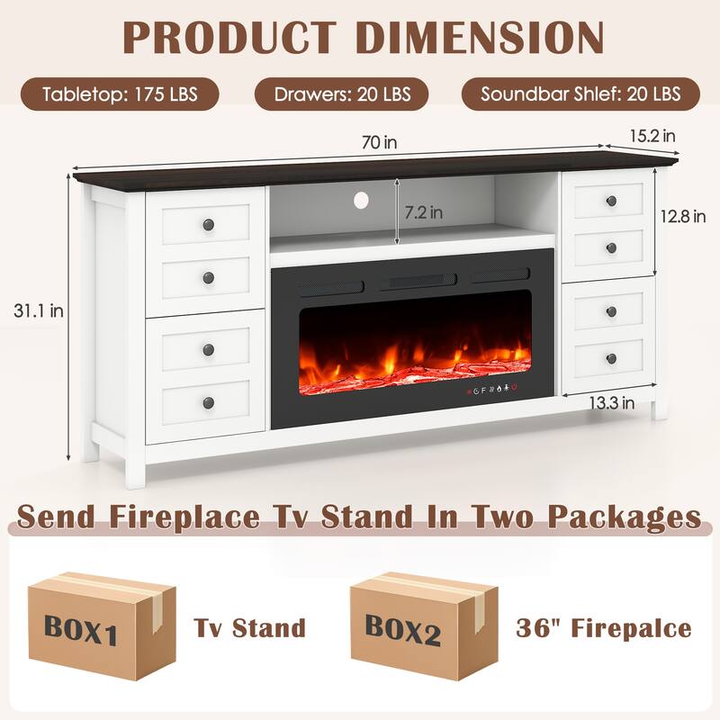 EROMMY 70" Fireplace TV Stand for TVs up to 80", Modern Wood Media Console with 36" Electric Fireplace