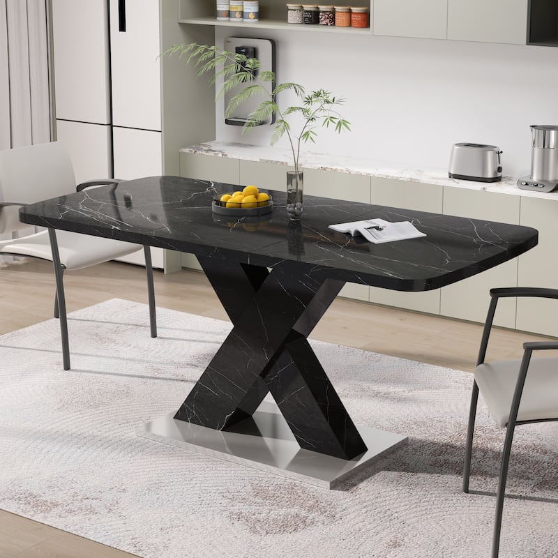 Modern Square Dining Table,Stretchable,Printed Marble Table Top+ X-Shape Table Leg with Metal Base - Black