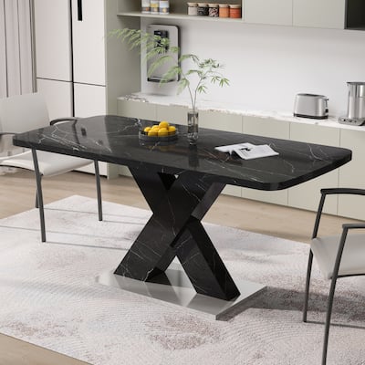 Modern Square Dining Table,Stretchable,Printed Marble Table Top+ X-Shape Table Leg with Metal Base
