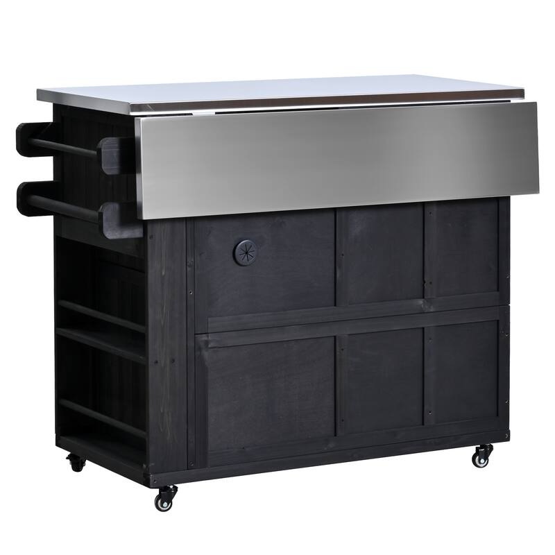 Outdoor Solid Wood Extendable Kitchen Island with Stainless Steel Top, Side Spice Rack, Drawers & Storage Cabinet