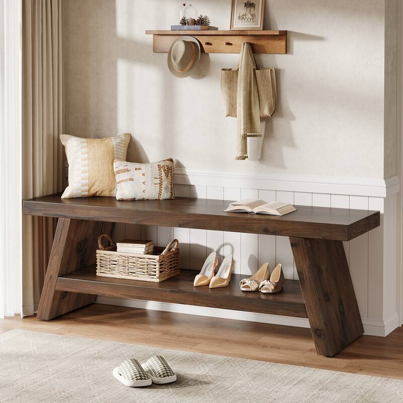 2-Tier Solid Wood Entryway Bench