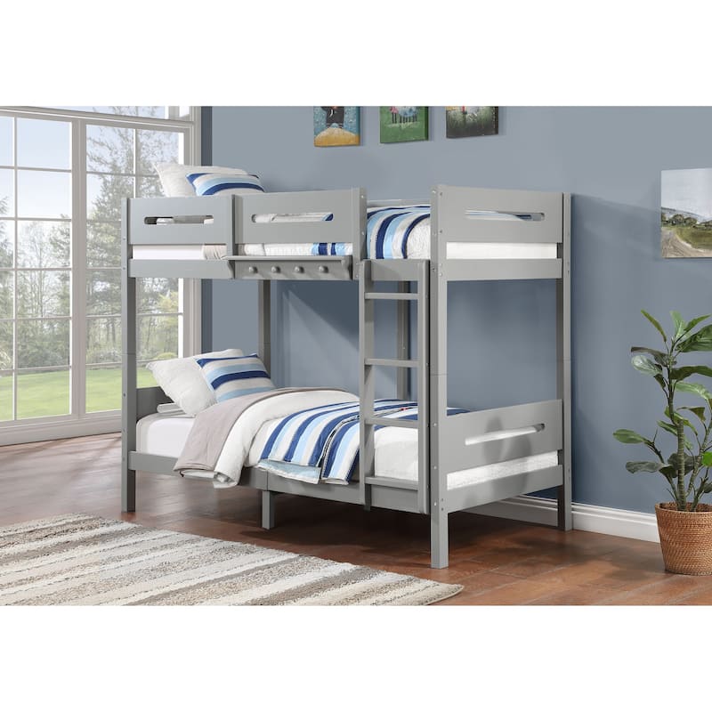 Twin over Twin Wood Bunk Bed with Ladder and Fence - Gray