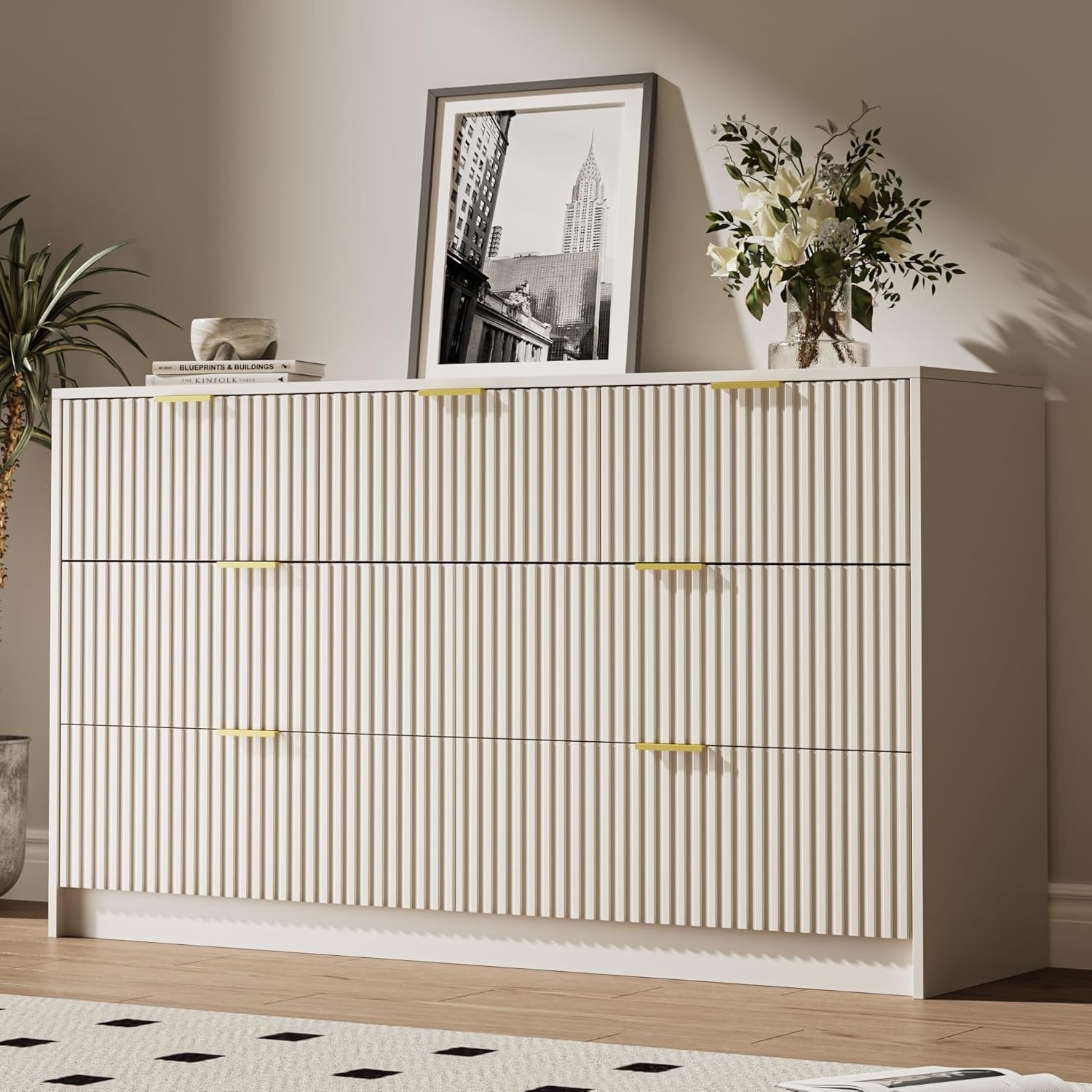 Modern 7-Drawer Dresser with Fluted Design and Gold Handles, 55.9 Inch Wide Chest for Bedroom, Living Room, or Entryway