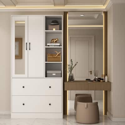 FAMAPY Wardrobe Closet Armoire with Mirror Scalable Hanging Rod