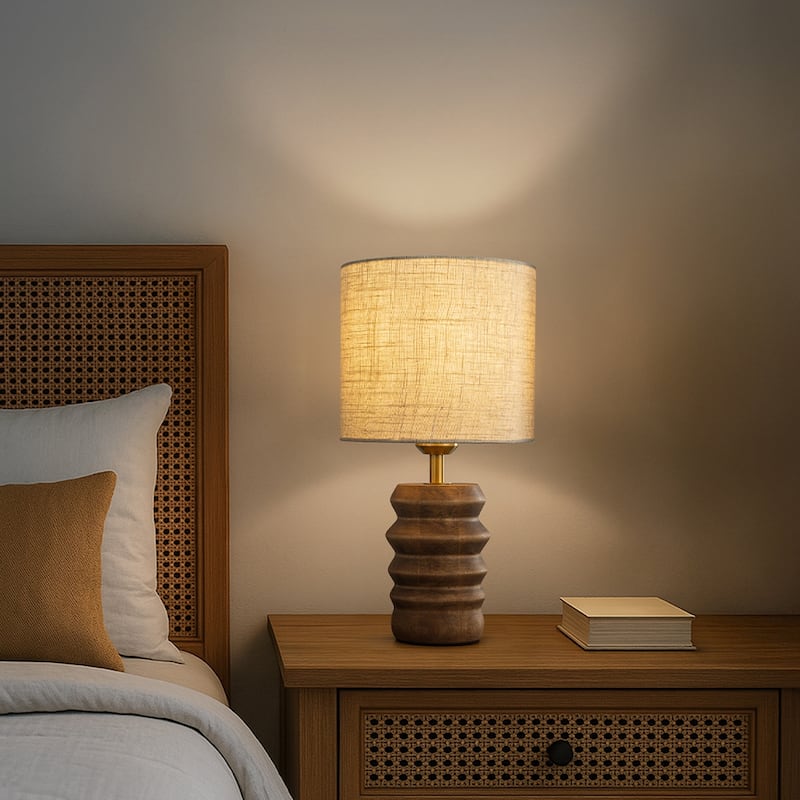 15'' Japandi Solid Wood Base Table Lamp Modern Classic Nightstand Lamp with Beige Fabric Shade for Bedside Foyer Dining Room