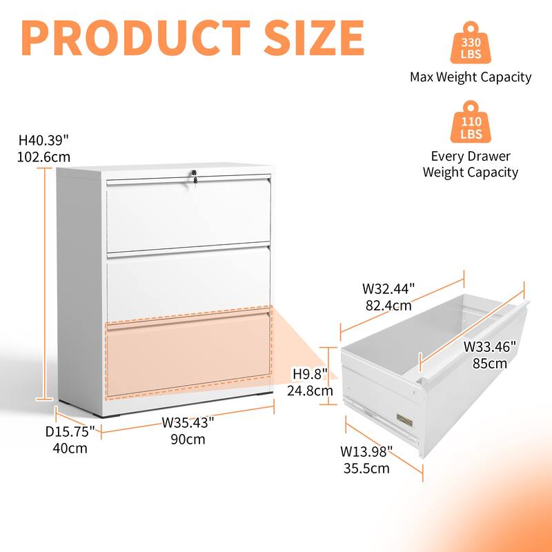 3-Drawer Lateral Filing Cabinet with Lock, Metal Home Office Storage Cabinet with Quiet Glide Drawers