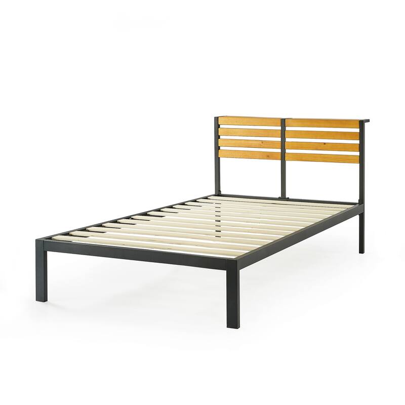 KASI Metal Platform Bed with Pine Wood Headboard Shelf By Crown Comfort