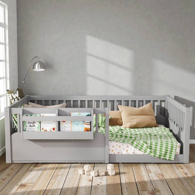 Twin Floor Bed with Heightened Fence and Bookshelf, Wooden Montessori Floor Bed for Kids, Low Profile Design - Grey - Full