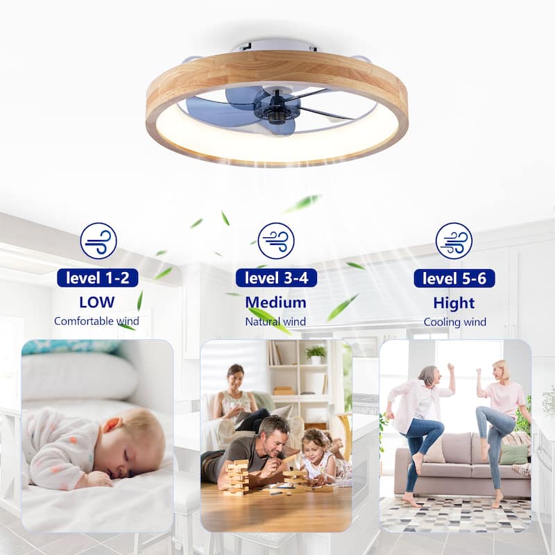 20" Farmhouse Natural Wood Flush Mount Ceiling Fan with Dimmable LED Light and Remote
