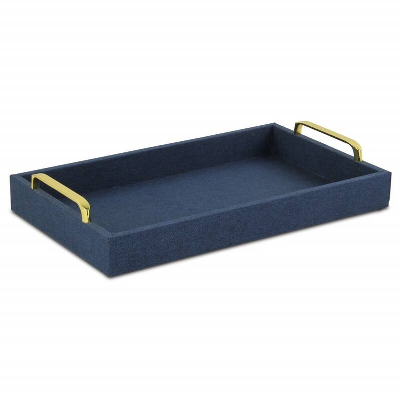 Navy Blue Linen and Wooden Tray - 18 W x 14 D x 7 H