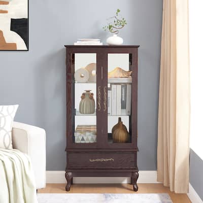 Elegant Display Cabinet with Glass Shelves, Adjustable Storage, and Lighting, 2 Doors, 1 Drawer for Home & Office