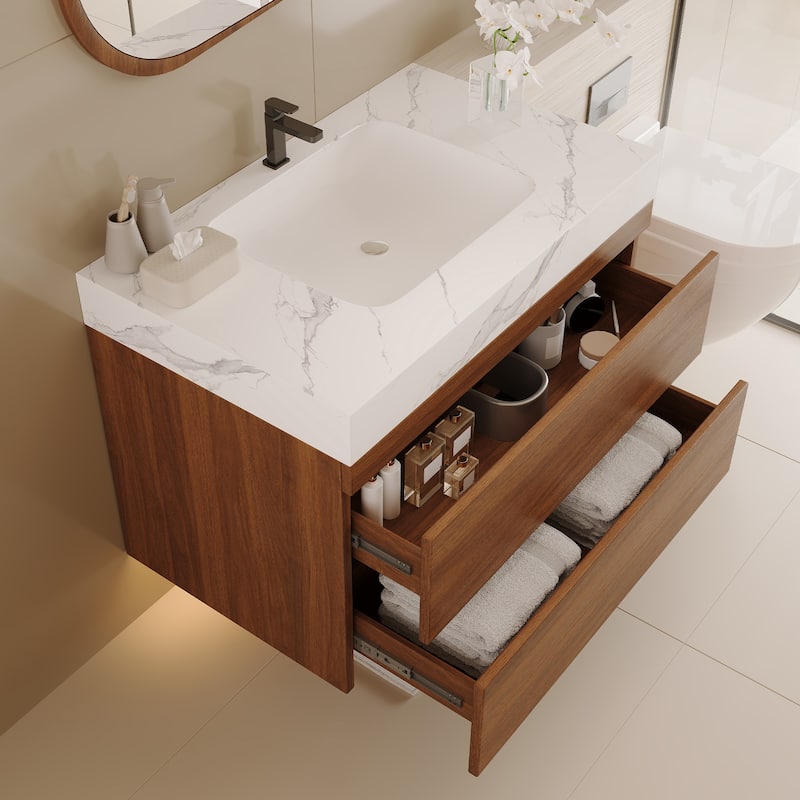 GDFStudio - Modern 31.5" Wall-Mounted Bathroom Vanity with Sintered Stone Top, Ceramic Undermount Sink & Soft-Close Drawers