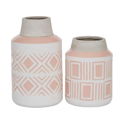 Ceramic Vase with Diamond Patterns - Set of 2 White - Roche River Decor - 6"W x 6"L x 10"H