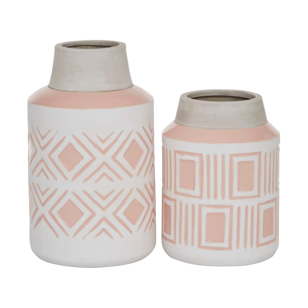 Ceramic Vase with Diamond Patterns - Set of 2 White - Roche River Decor - 6"W x 6"L x 10"H