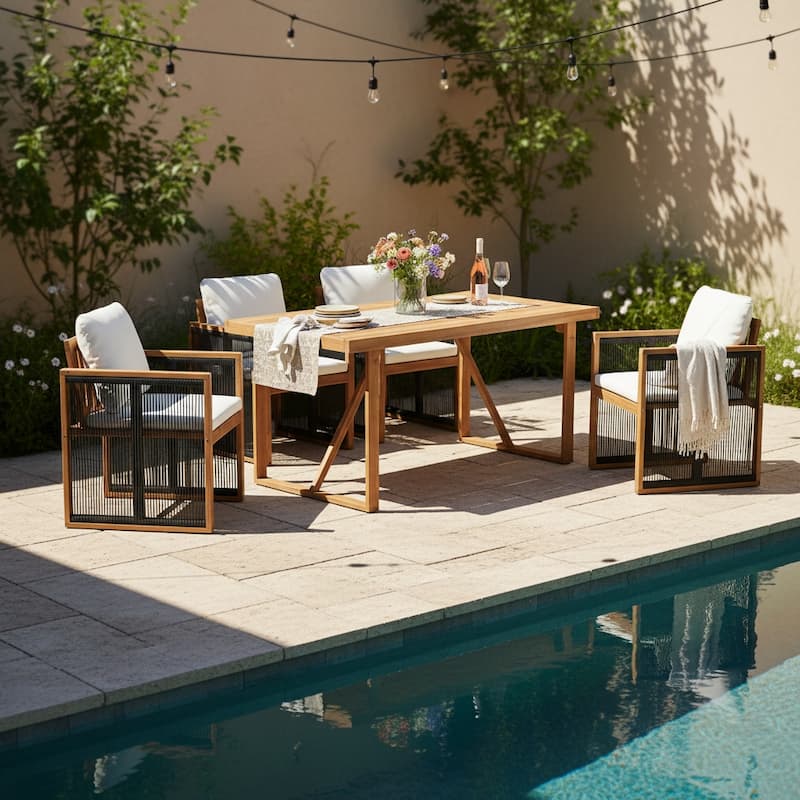 Christopher Knight Home - Modern Outdoor Acacia Wood Dining Set with Cushions and Handwoven Rope Chairs - Teak+ Black_4chairs+1table