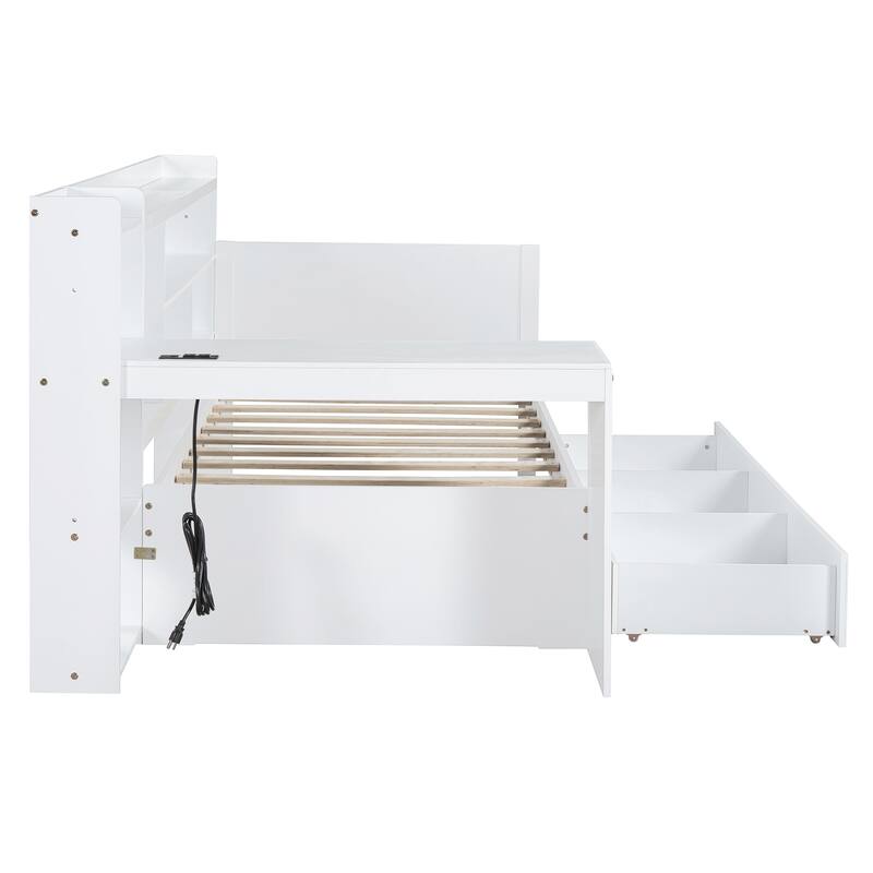 Twin Size Modern Style Wooden Daybed with 3 Drawers,USB Ports and Desk for Bedroom