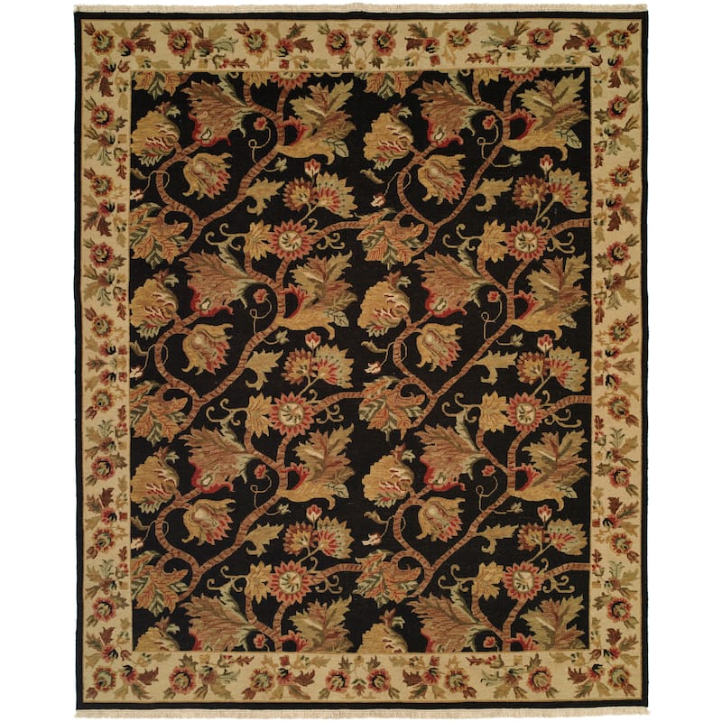 Traditional Black Flatweave Wool Area Rug - 8' Square - Black