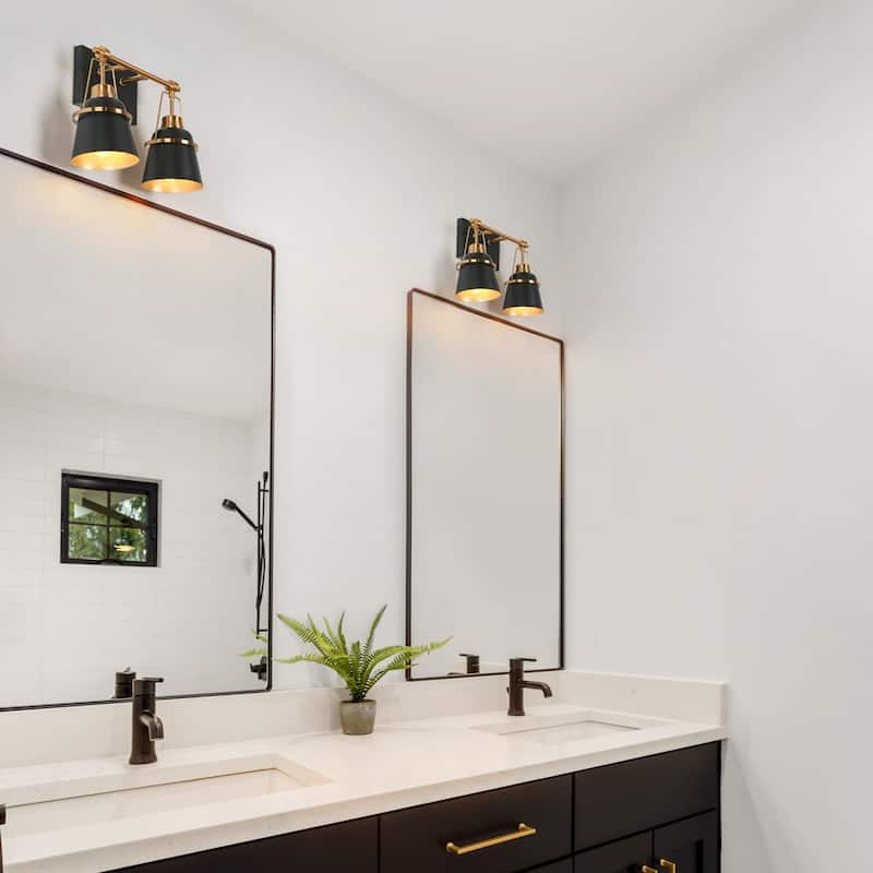Modern Contemporary Dimmable Black 2-Light Bathroom Vanity Lights Gold Bracket Bar Wall Sconce - L 13.4" x D 5.7" x H 10"