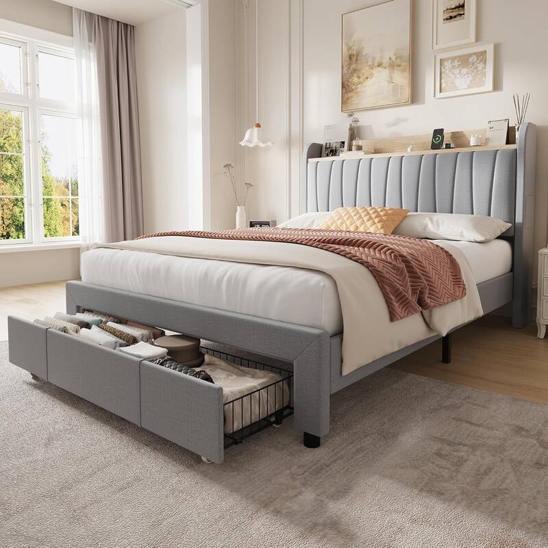 Upholstered Platform Beds with Drawers, Storage Headboard, Charging Station, Grey - Full
