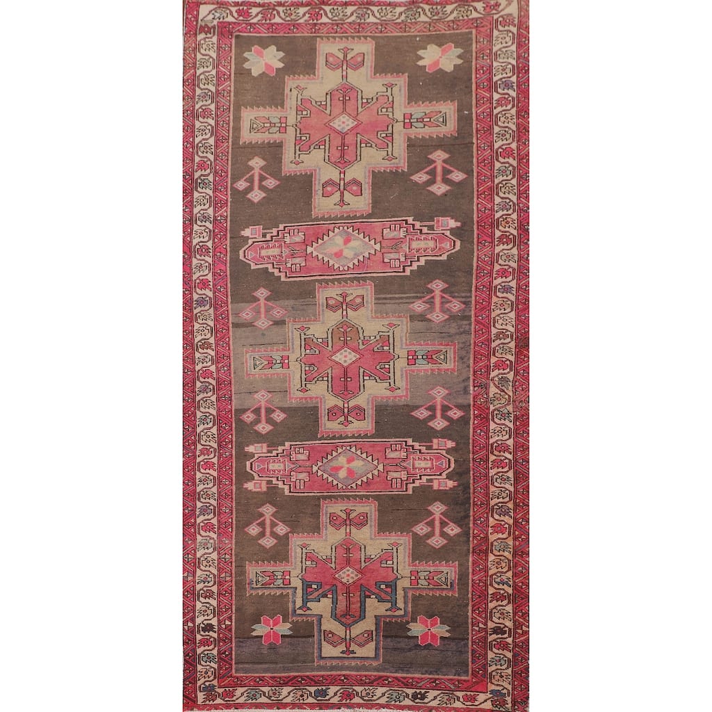 Pink & Brown Meshkin Persian Vintage Runner Rug Handmade Wool Carpet - 4'5"x 10'2"
