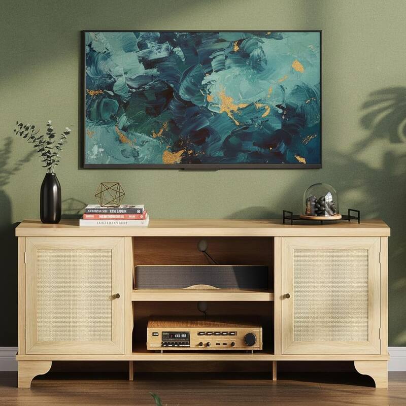 Boho TV Stand, with 2 Cabinets & Open Shelf - Natural