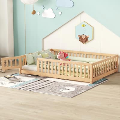 Floor Bed Frame with Safety Guardrails and Door for Kids
