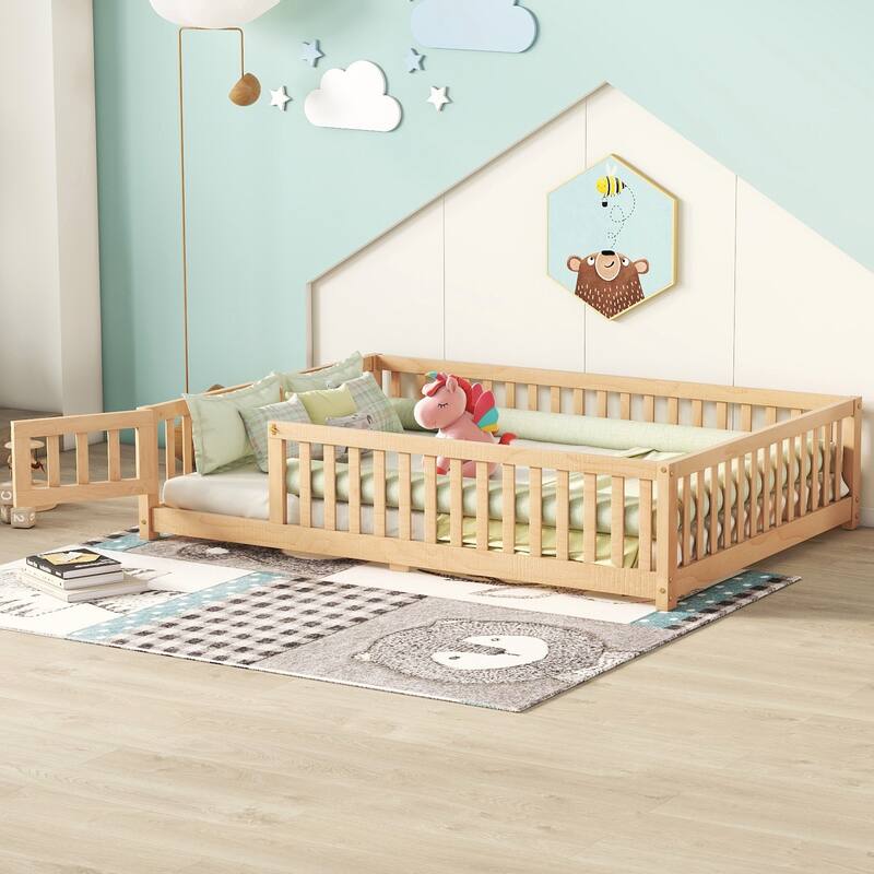 Pine Wood Floor Bed with Safety Guardrails and Door for Kids