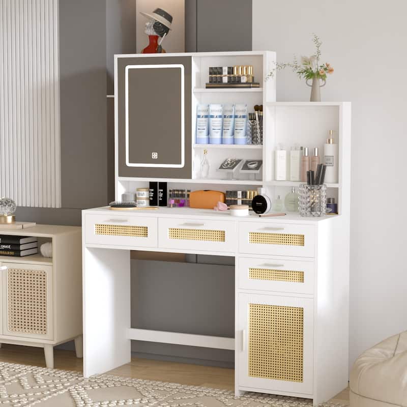 Makeup Vanity with Lights in 3 Colors & Openable Mirror, Vanity Desk with 4 Drawers & 1 Cabinets & Shelves - White