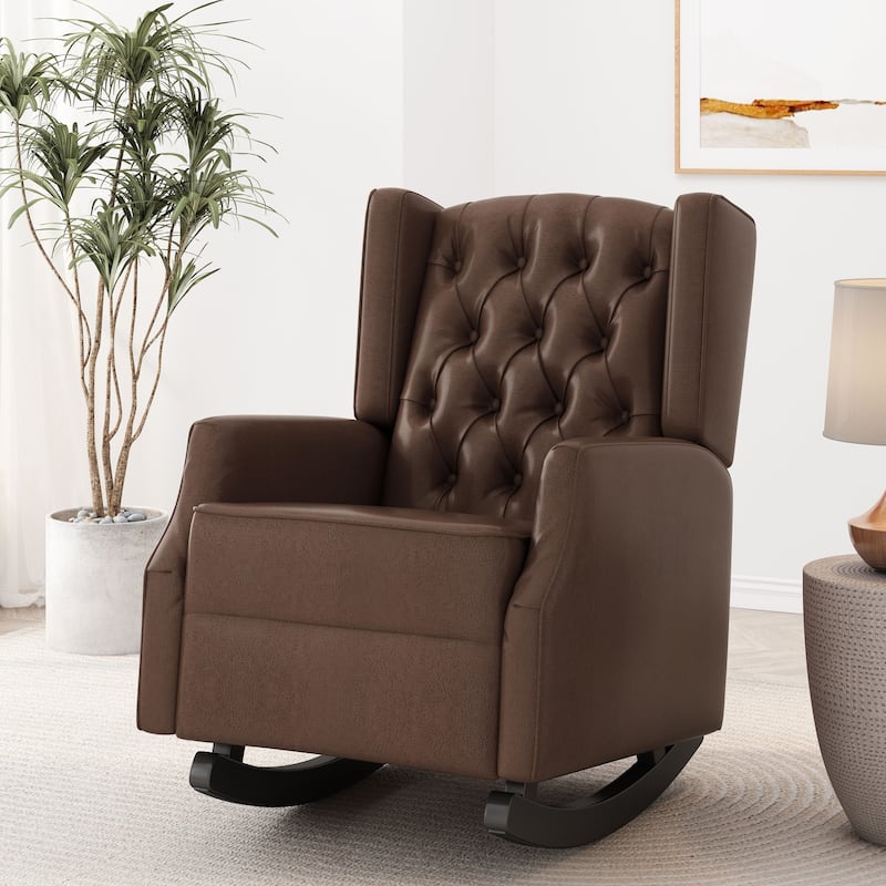 Modern 26.5" High Back PU Upholstered Button Tufted Rocking Chair with Wing Back for Living Room - Dark Brown