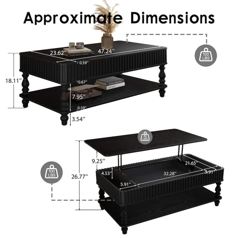 47.24" Lift Top Coffee Table with Storage - Solid Wood Modern Desk with Fluted Columns for Small Living Room