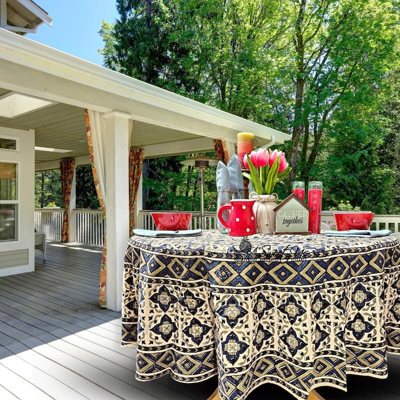 Vegetable Dyed Block Print Cotton Moroccan Tablecloth Collection - 72-in Round - Forest Twilight