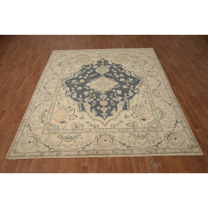 Hand Knotted Oriental 100% Wool Carpet Transitional Medallion Greys & Charcoal Oushak Area Rug - 9' 10'' X 8' 0''