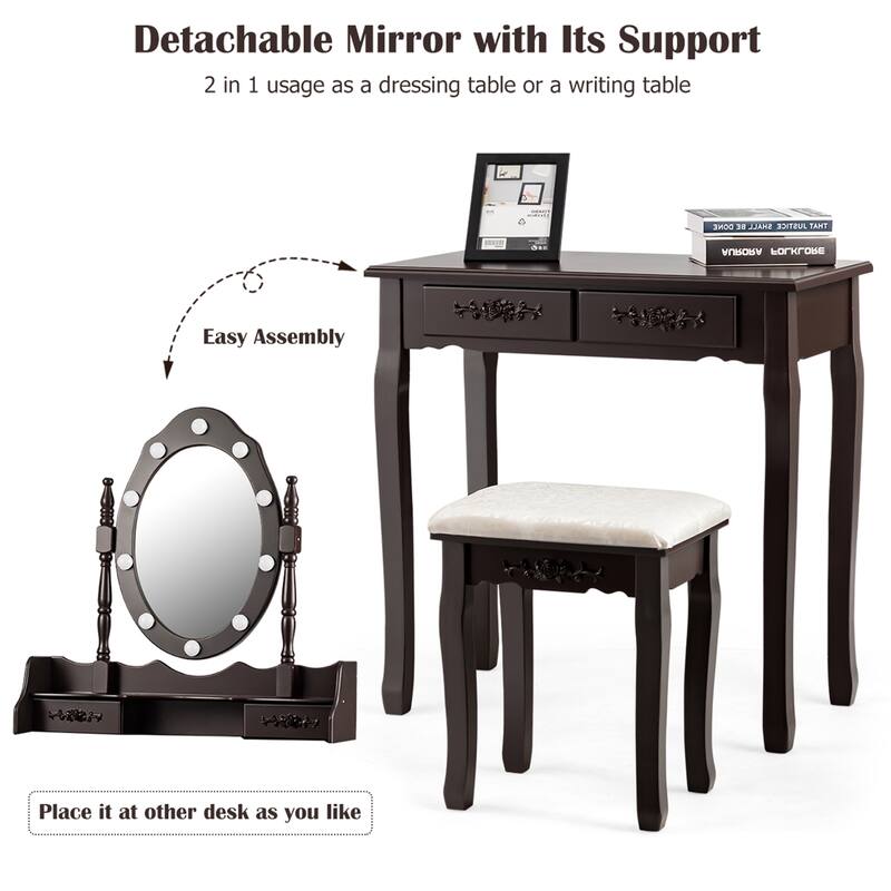 Gymax Makeup Vanity Dressing Table Set w/10 Dimmable Bulbs Cushioned - See Details