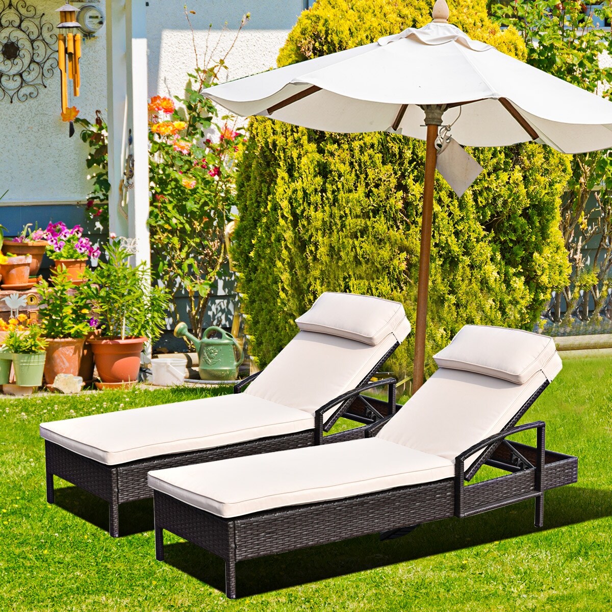 2 Pcs Chaise Lounge Chair Brown Outdoor Rattan Couch Patio 2 Pcs Chaise Lounge Chair Brown