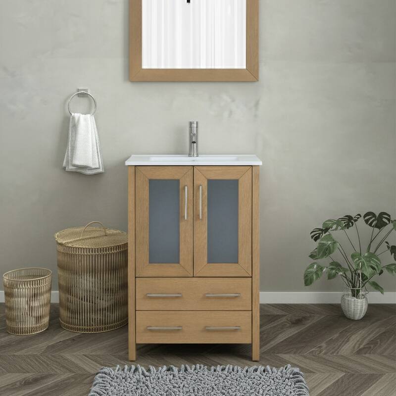 Vanity Art 24-Inch Single Sink Bathroom Vanity Set 2 Drawers, 1 Cabinet, 1 Shelf, Soft-Closing Doors with Free Mirror - Natural Oak