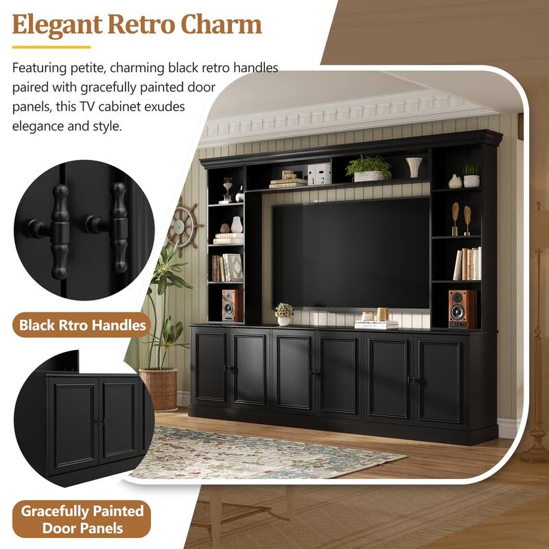 4-Piece Wall Unit Entertainment Center with Bookshelf for TVs Up to 70", Mid-Century Modern 97.4" TV Stand with Adjustable Shelf