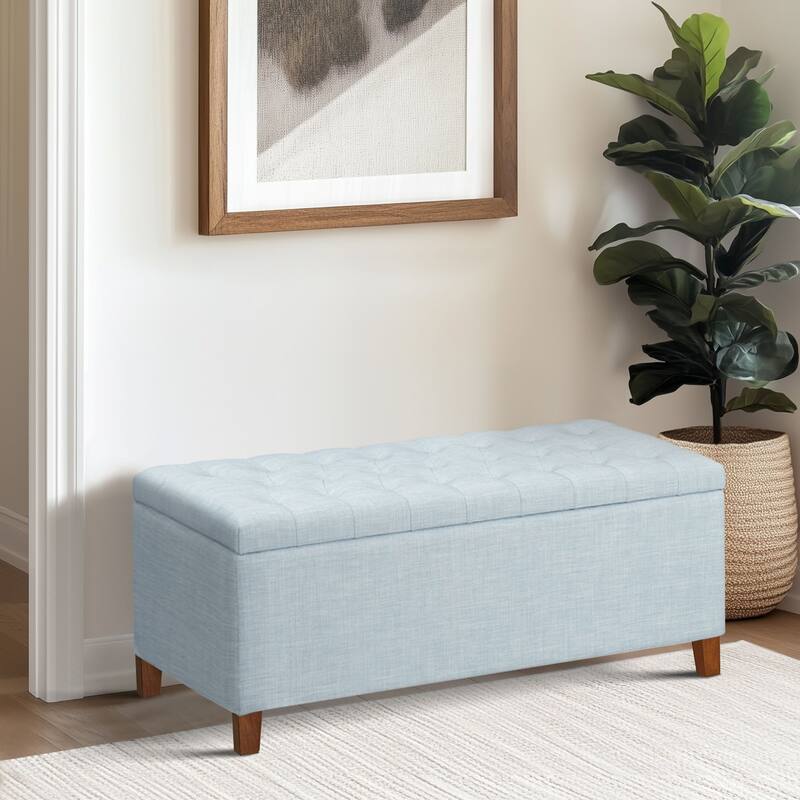 Roomfitters 49-Inch Tufted Top Storage Bench with Soft Close Lid and Solid Wood Legs, Light Blue Polyester Upholstery