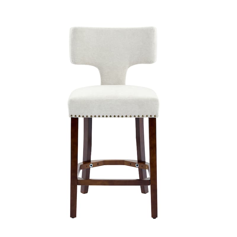 Counter Height Bar Stools Set of 2, Farmhouse Linen Fabric Upholstered Accent Chair Curved Backrest with Copper Nails around