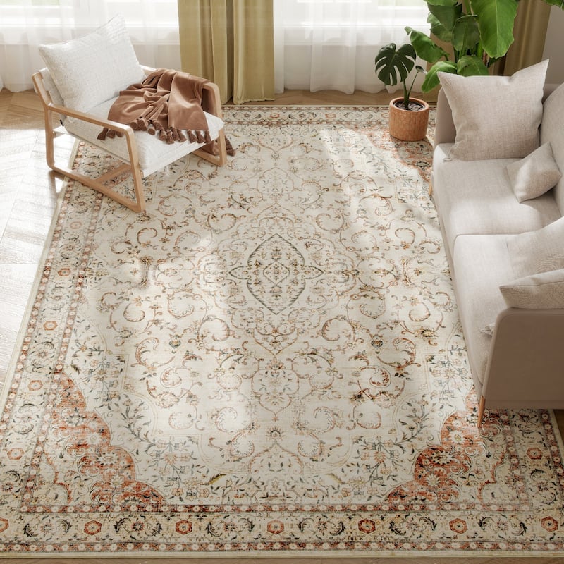HOMCOM Area Rug 8x10, Machine Washable Rug, Non-Slip Classical Floral Print Floor Cover Foldable Carpet for Living Room - Natural/Diamond - 9'3" x 12'3" - Rectangle