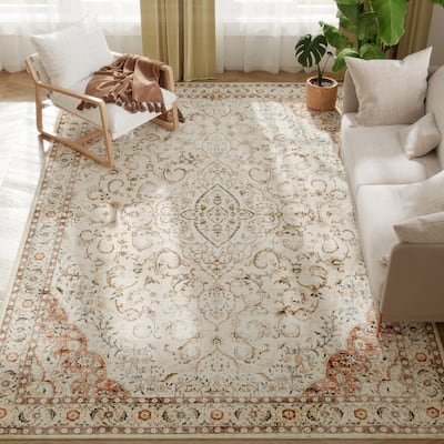 HOMCOM Area Rug 8x10, Machine Washable Rug, Non-Slip Classical Floral Print Floor Cover Foldable Carpet for Living Room