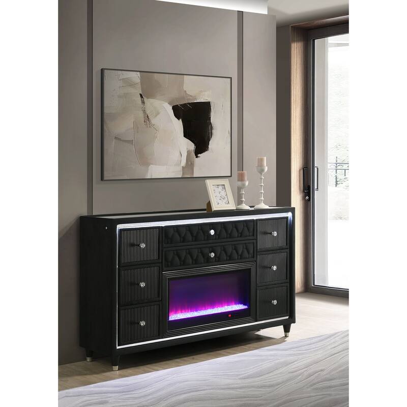 Lorient 8-drawer LED Flame Box Dresser and Mirror Black