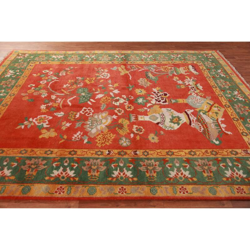 Floral Orange Art Deco Oriental Area Rug Handmade Wool Carpet - 7'10" x 10'0"