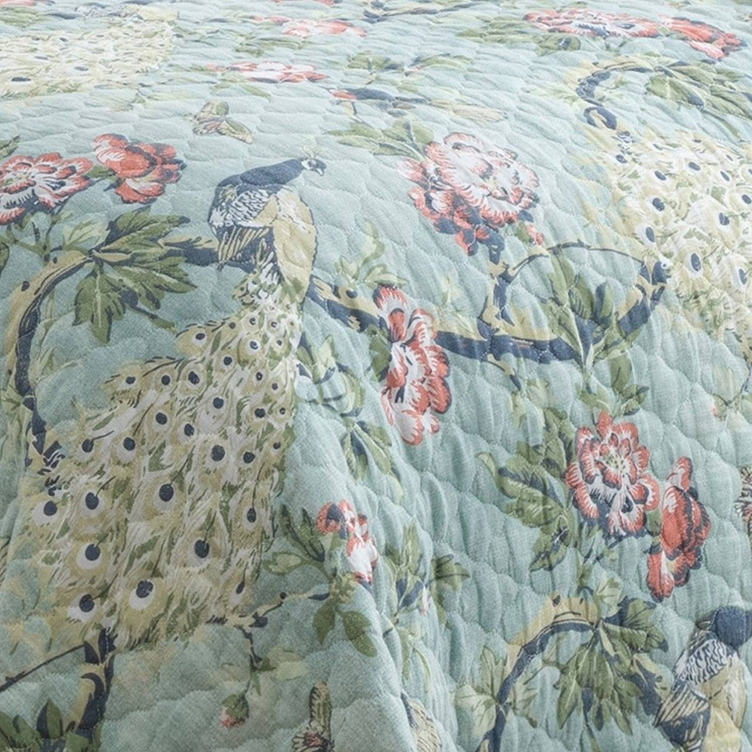 Eden 2 Piece Twin XL Quilt Set, Peacock and Songbirds, Green Microfiber