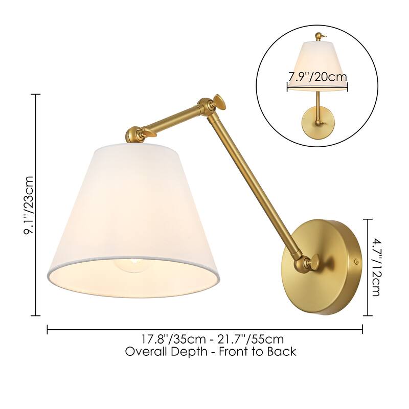 1-Light Modern Brushed Gold Adjustable Swing Arm Wall Sconce with Cone Fabric Shade for Bedroom, Study