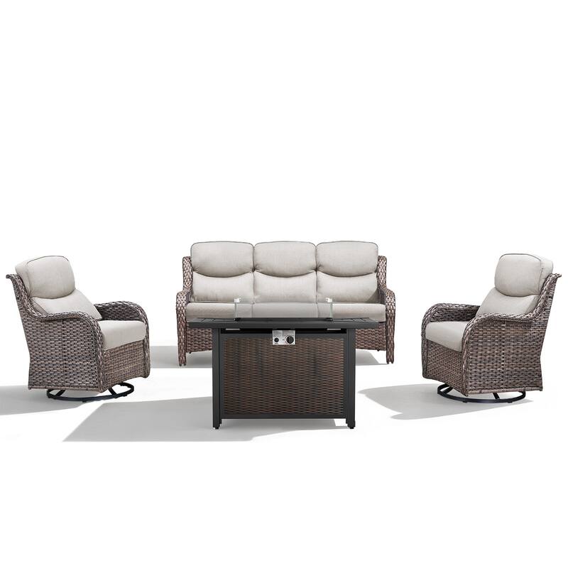 Meyreso 4-Piece Outdoor Patio Metal Fire Pit Wicker Conversation Set with 5-Inch Thick Olefin Cushions