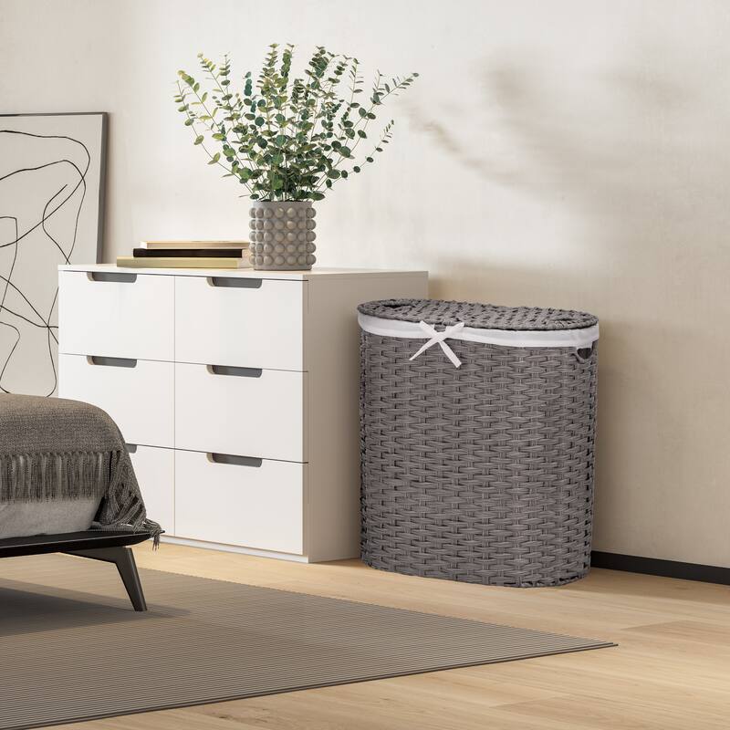 Seville Classics Handwoven Lidded Oval Double Laundry Hamper